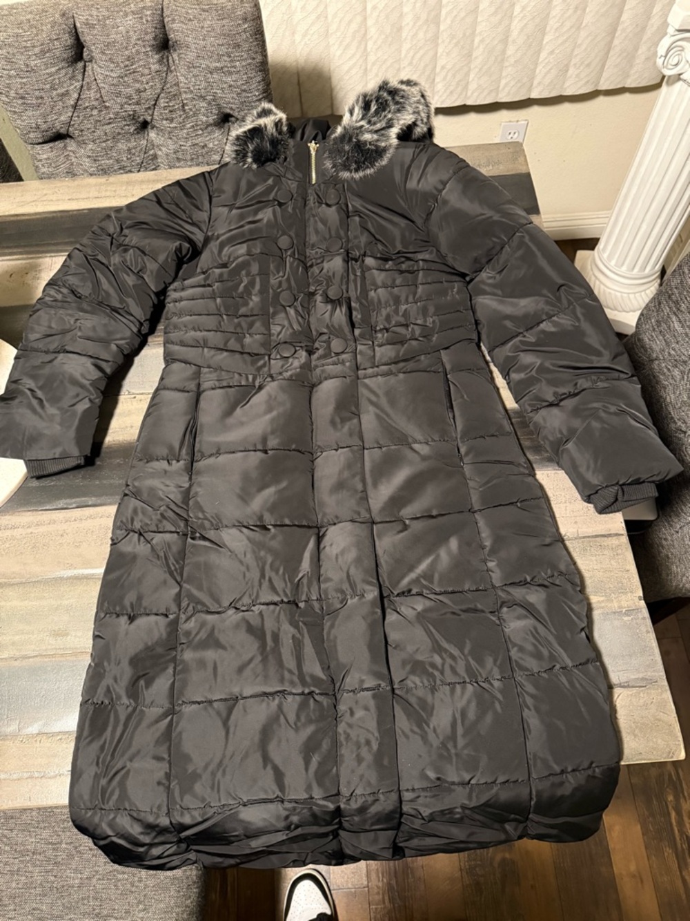 Black Long Puffer Coat with Faux Fur Trim